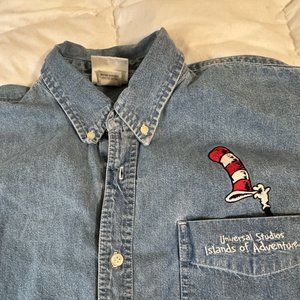 Vintage UNIVERSAL STUDIOS Denim Shirt, 2XL, Dr. Seuss, Islands of Adventure EUC